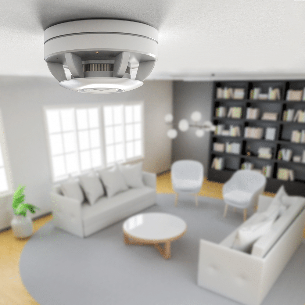 Industry clarity for electrical compliance - white smoke detector ceiling mounted in modern living room