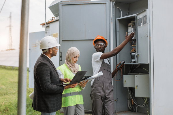 Industry clarity for electrical compliance - team inspecting outdoor electrical panel on solar site