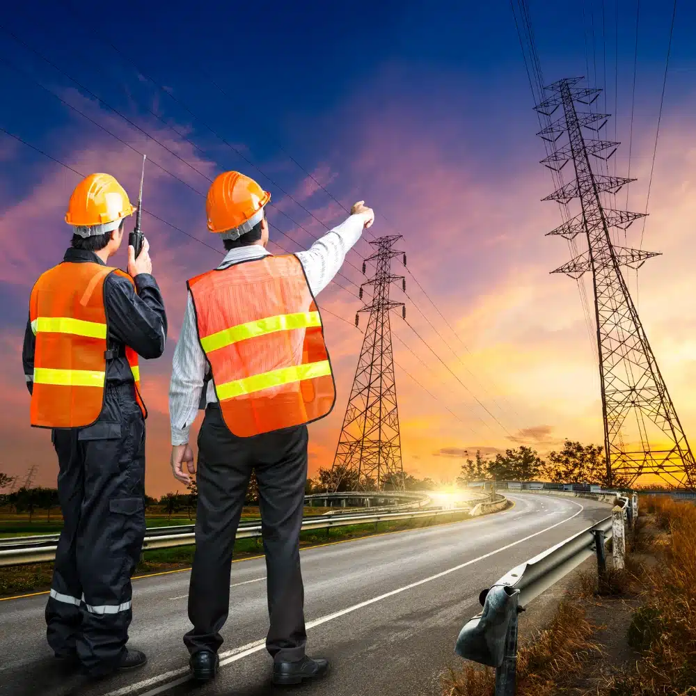 Electrical engineers inspecting transmission towers under NRCS regulatory model